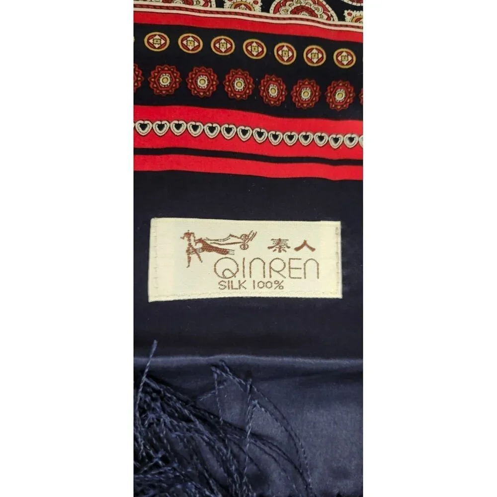 QINREN DOUBLEFACED SATIN SILK SCARF WITH FRINGE 52''x11